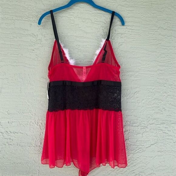 Coquette Women's Crotchless Teddy XL Red/White/Black Feather Trim Lace - Picture 3 of 11